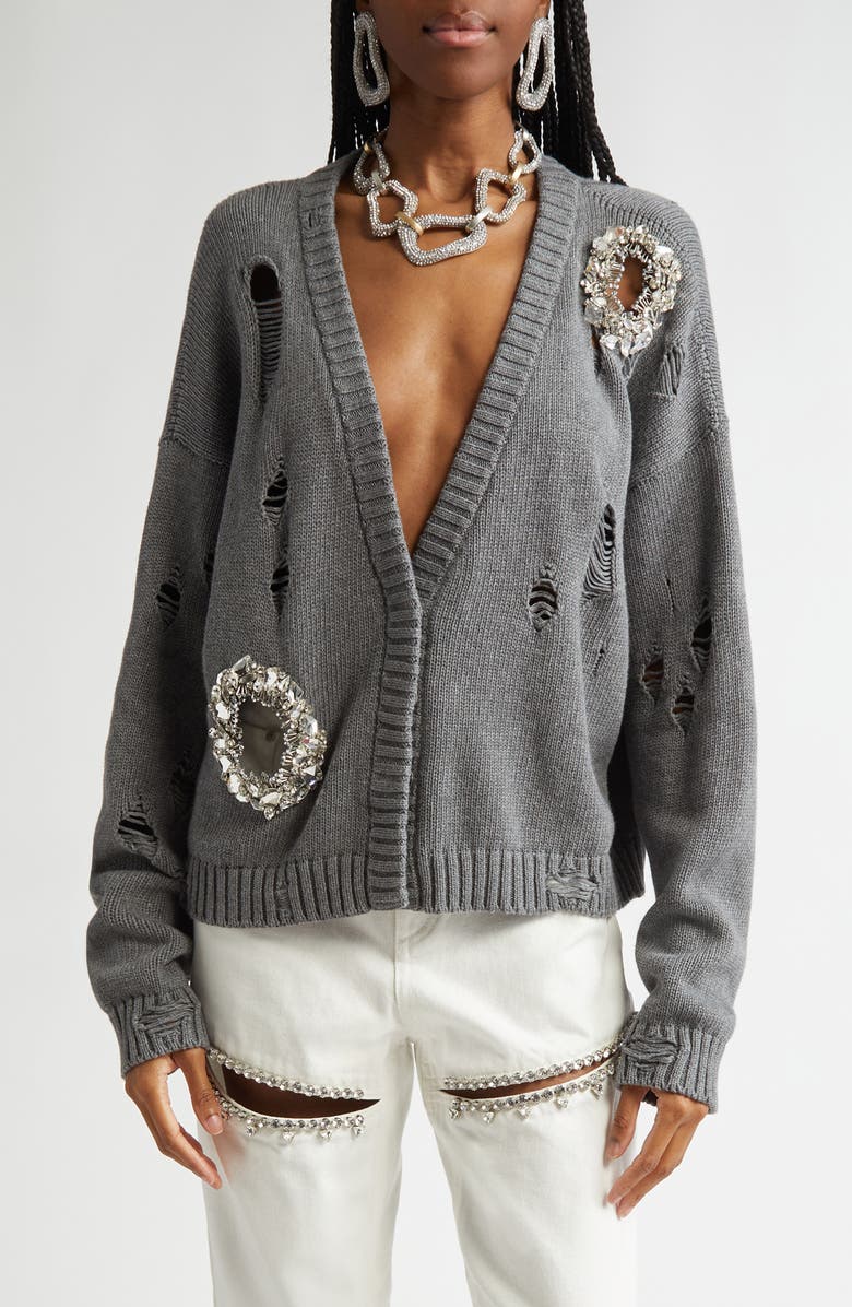 Area Distressed Crystal Cardigan, Main, color, Heathered Grey
