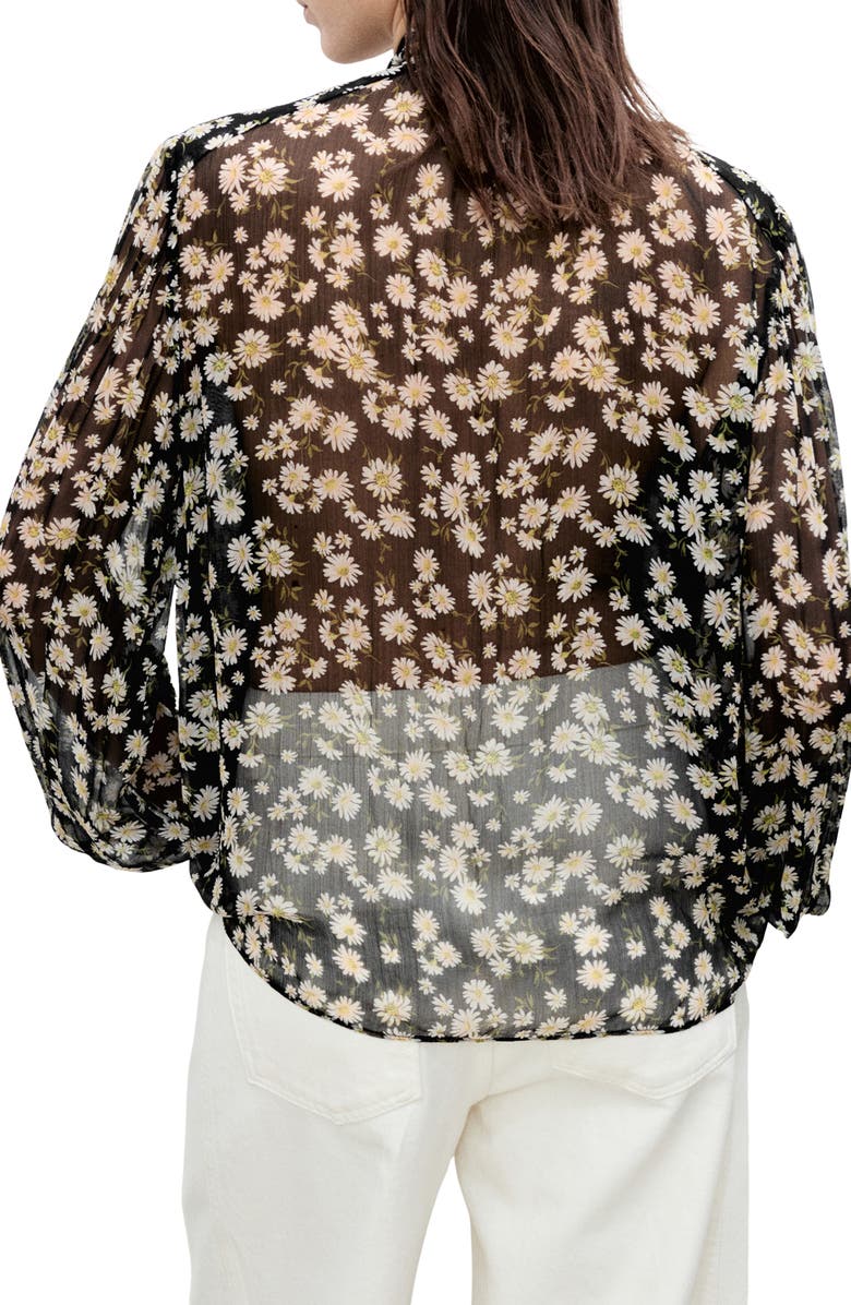 MANGO Belle Floral Chiffon Tie Neck Top, Alternate, color, Black