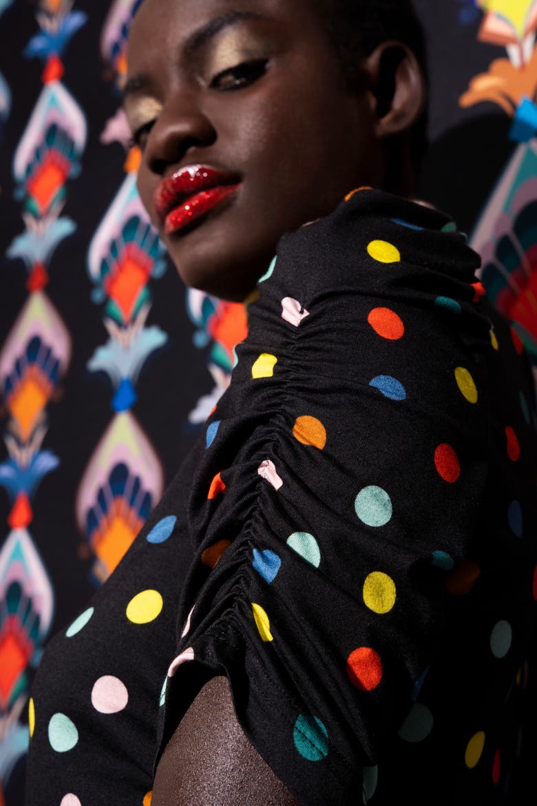 Printed Jersey Shirt With Ruffled Sleeves, Alternate, color, Black Multicolour