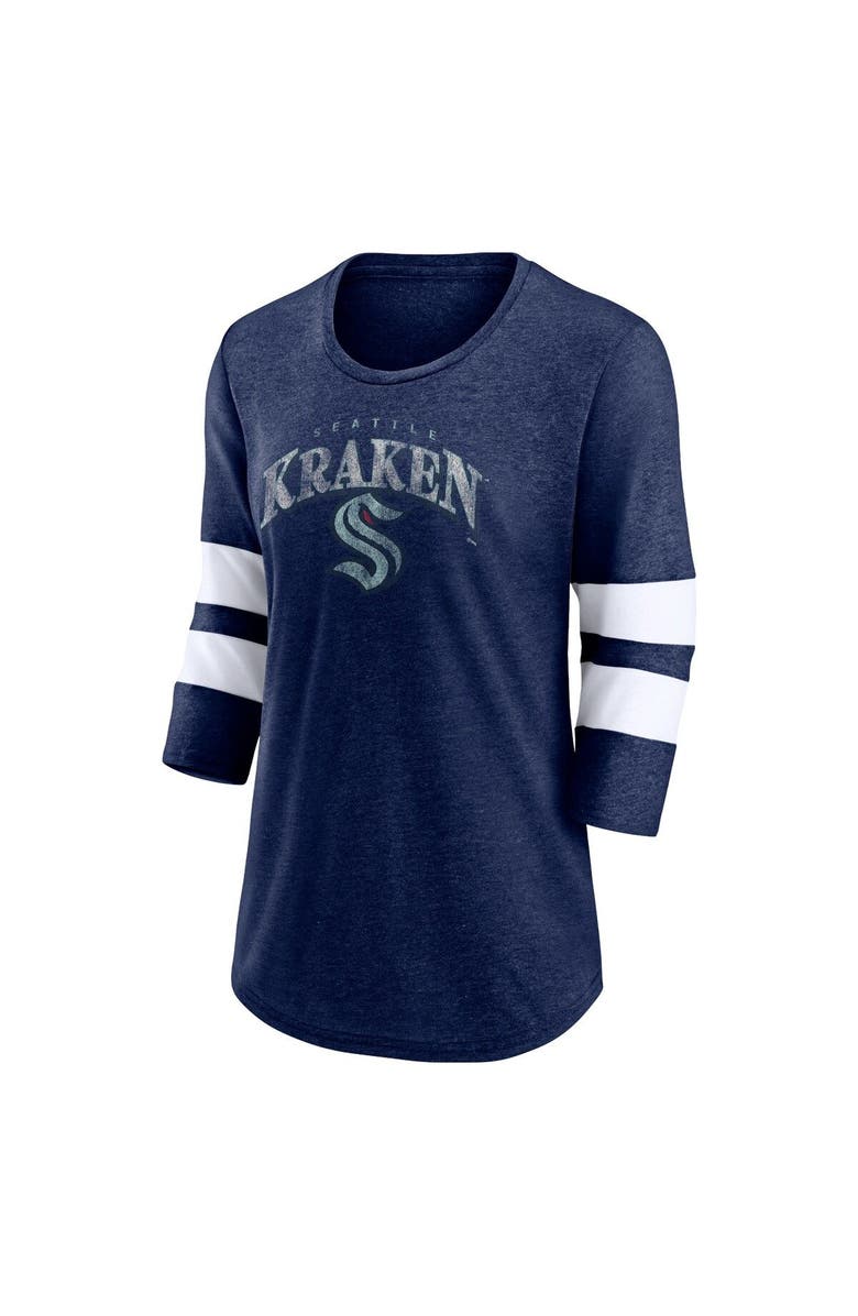 FANATICS Women's Fanatics Branded Heather Deep Sea Blue Seattle Kraken Special Edition 2.0 Barn Burner 3/4 Sleeve T-Shirt, Alternate, color, Heather Navy