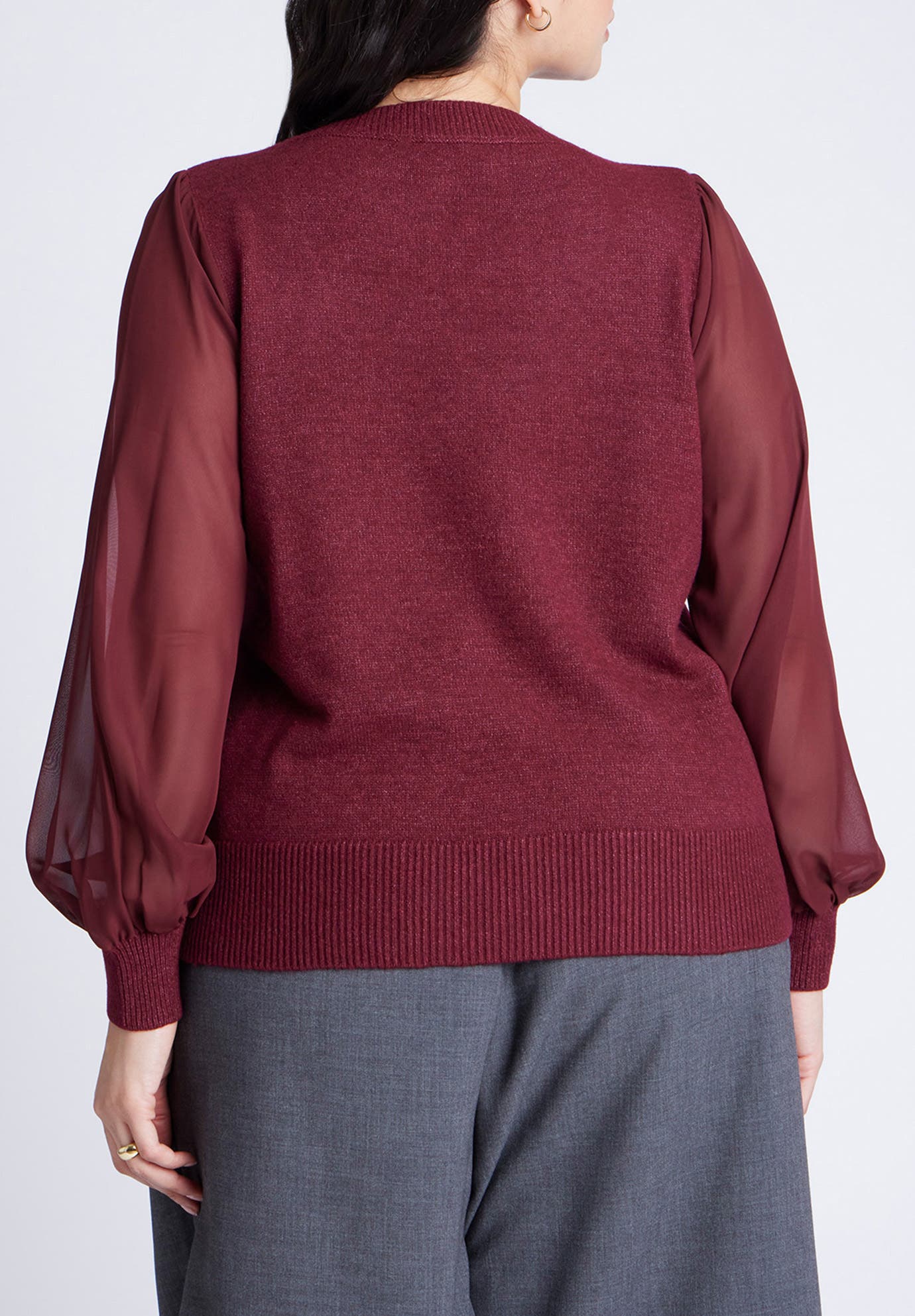 Sheer Sleeve V-Neck Sweater - image 2