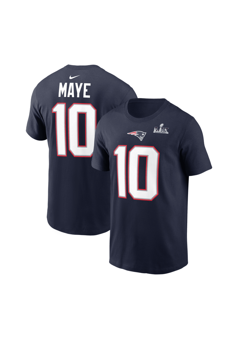 Men's Nike Drake Maye Navy New England Patriots Super Bowl LX Patch Name & Number T-Shirt, Main, color, Navy