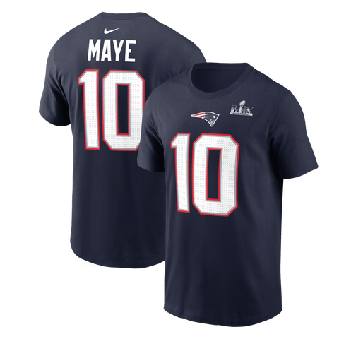 Men's Nike Drake Maye Navy New England Patriots Super Bowl LX Patch Name & Number T-Shirt