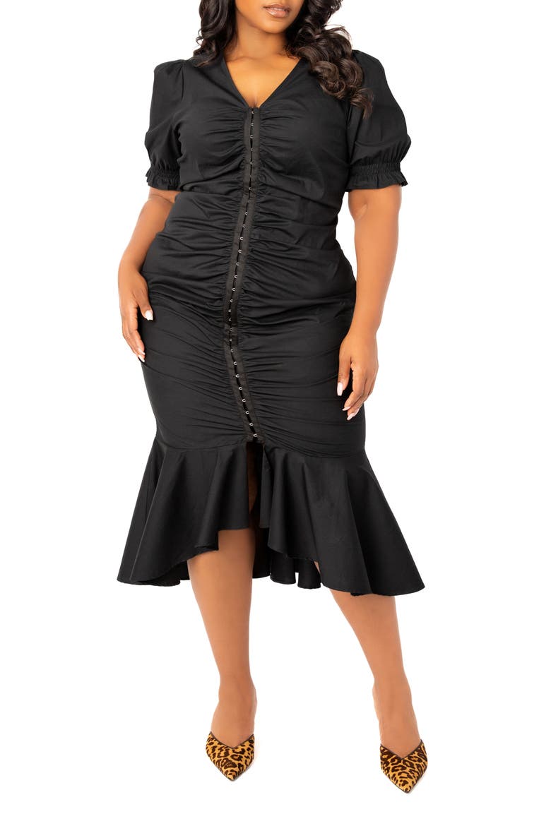 Ruched Fishtail Midi Dress, Alternate, color, BLACK