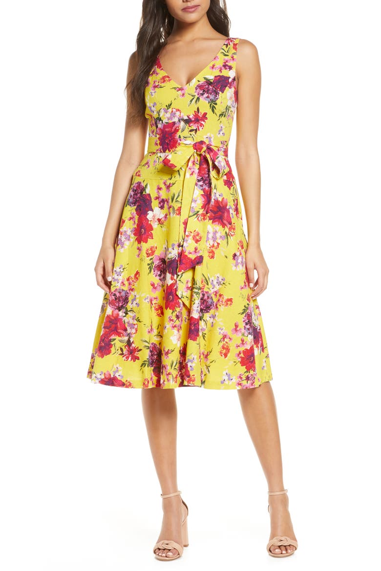 Floral Sleeveless Linen Blend A-Line Dress, Main, color, GOLD/ PINK/ VIOLET