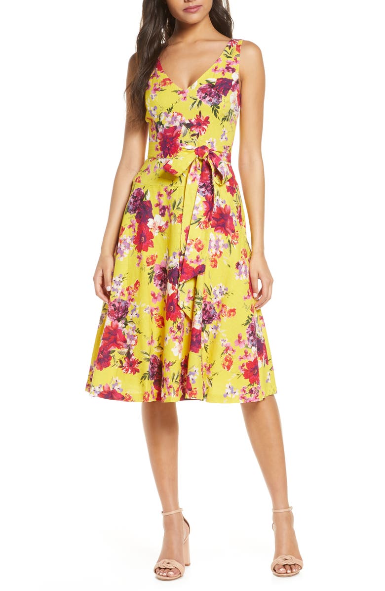 Taylor Dresses Floral Sleeveless Linen Blend A-Line Dress, Main, color, 