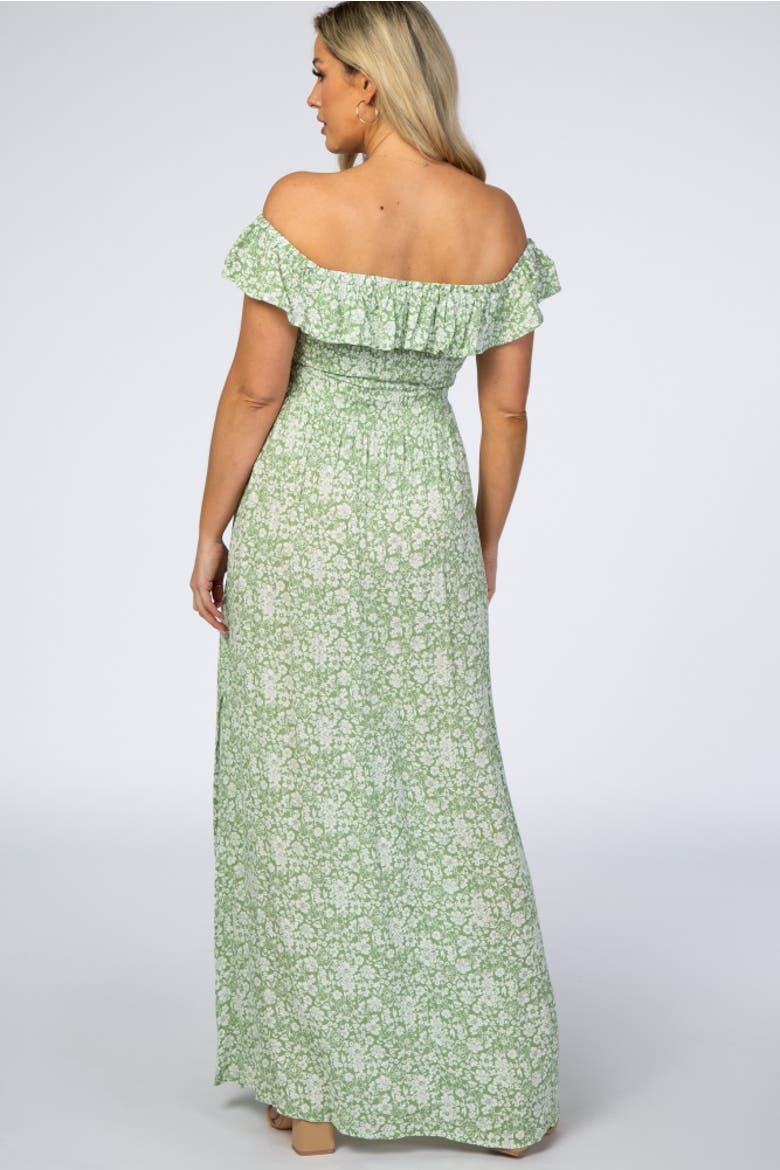 Floral Ruffle Off Shoulder Maxi Dress, Alternate, color, Light Olive