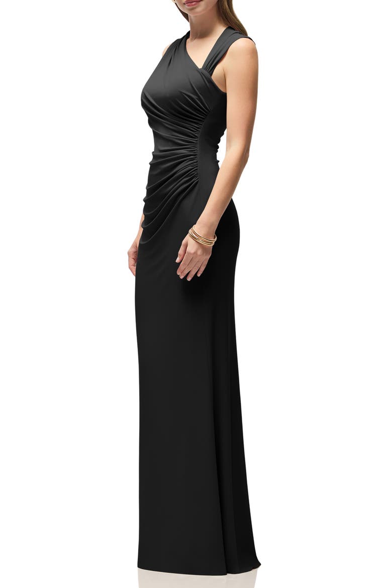 Ruched Asymmetric Neck Satin Gown, Alternate, color, BLACK