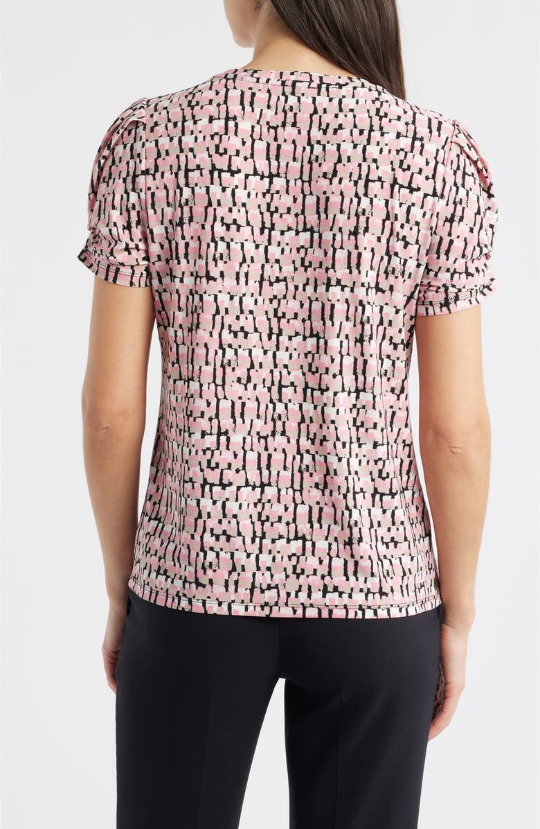 AK ANNE KLEIN Print Pleat Short Sleeve Top, Alternate, color, Calypso Coral Multi