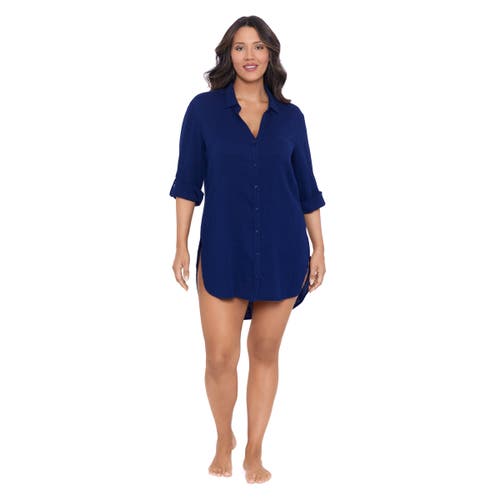 Trimshaper Button-down High-low Beach Shirt Coverup In Blue
