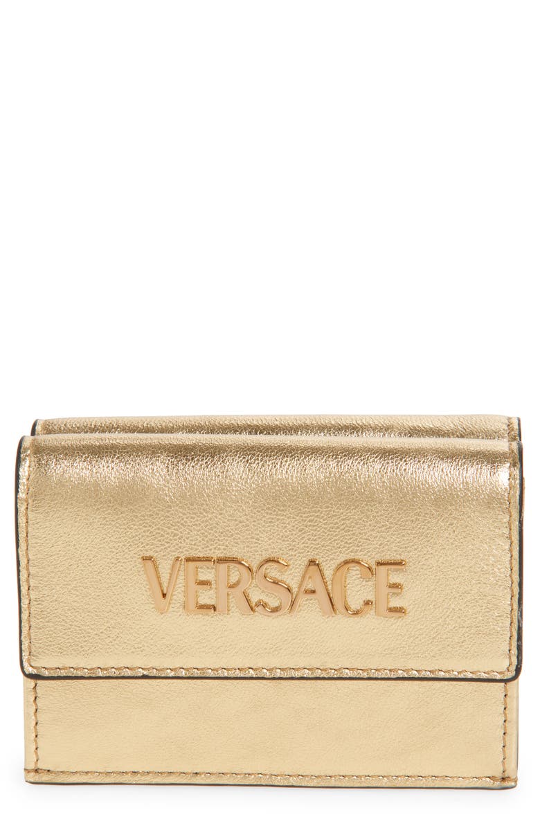 Versace Logo Metallic Leather Trifold Wallet, Main, color, Mekong Gold Versace