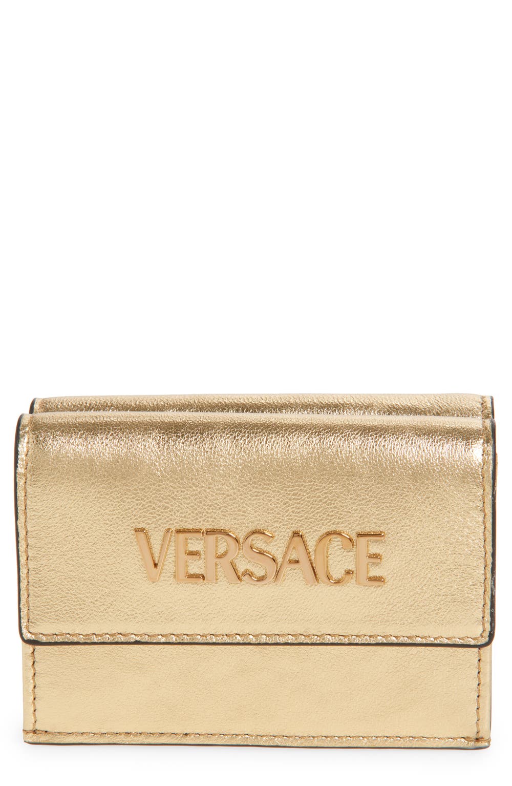 Logo Metallic Leather Trifold Wallet, color, MEKONG GOLD VERSACE