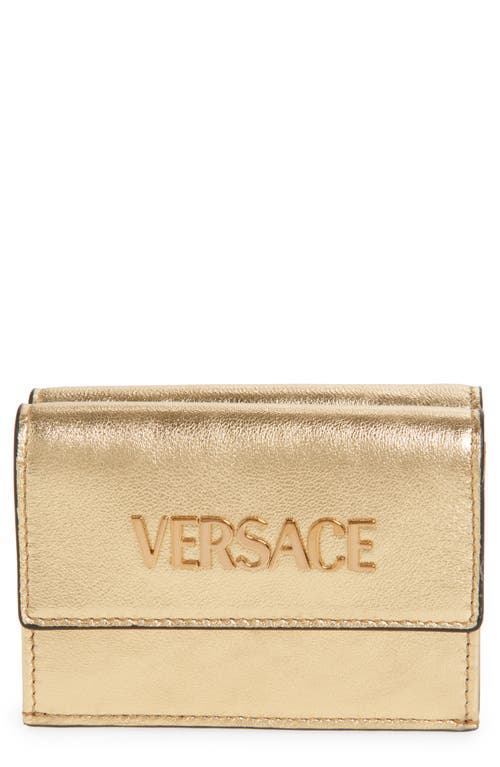 Versace Logo Metallic Leather Trifold Wallet In Gold