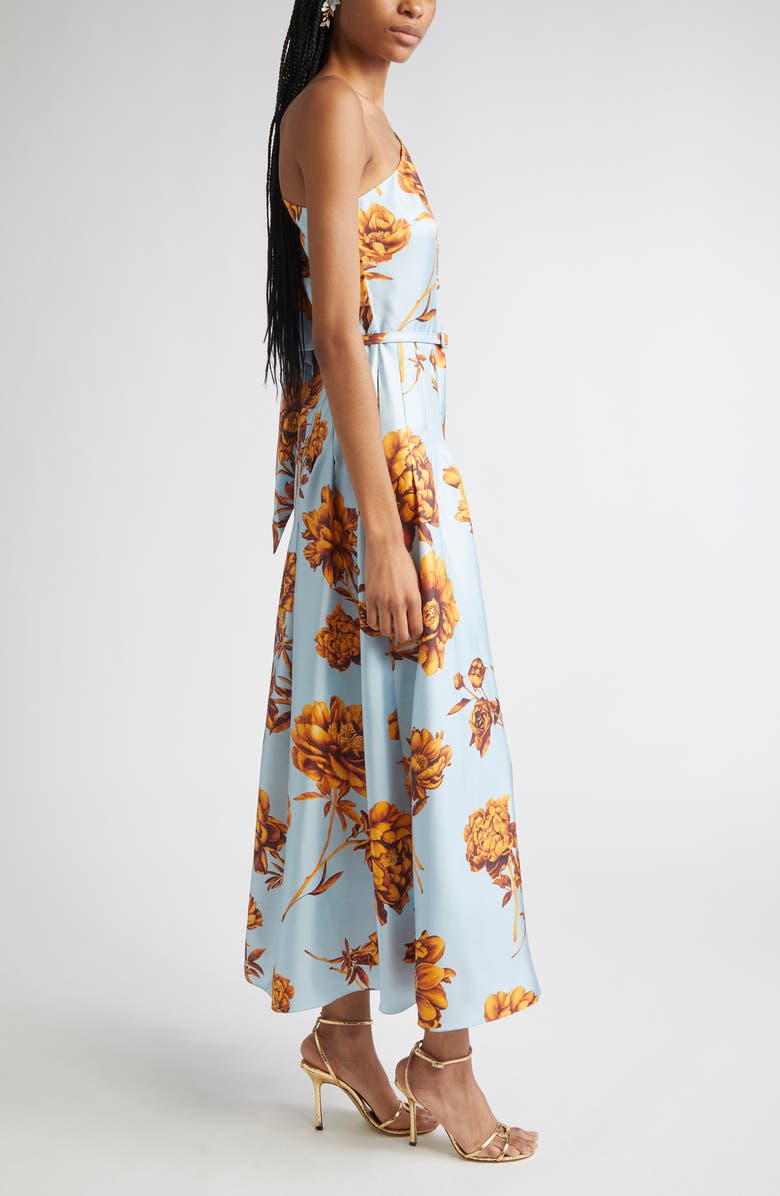 Oscar de la Renta Peony One-Shoulder Silk Twill Midi Dress, Alternate, color, Brown/Ice Blue
