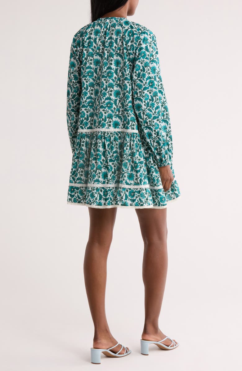 Maisie Tassel Tie Long Sleeve Tiered Minidress, Alternate, color, Turquoise / Ivory