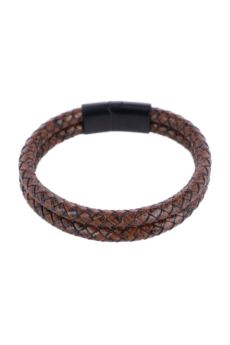 Simple Double Band Braided Secure Clasp Leather Bracelet, Main, color, Brown