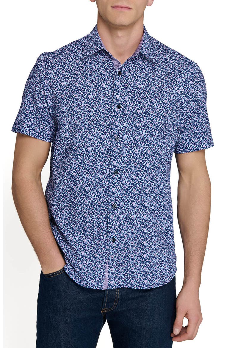 Slim Fit Floral Seersucker Short Sleeve Shirt, Main, color, NAVY