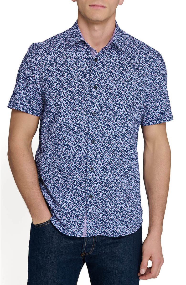 CONSTRUCT Slim Fit Floral Seersucker Short Sleeve Shirt, Main, color, Navy