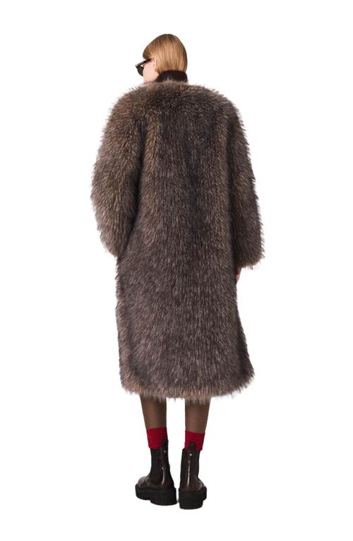 Maje Long Faux Fur Coat In Brown