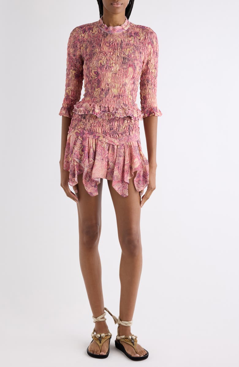 Isabel Marant Ceiva Smocked Waist Silk Georgette Miniskirt, Alternate, color, Pink
