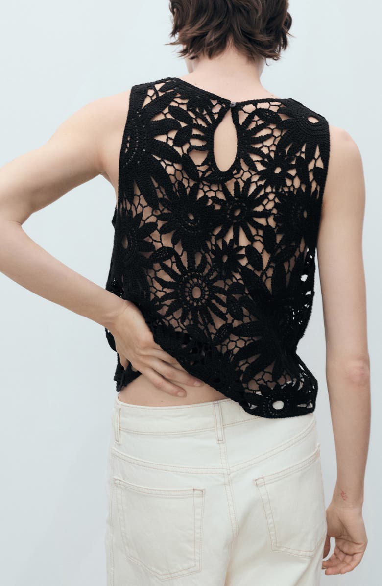 MANGO Floral Sheer Cotton Blend Lace Tank Top, Alternate, color, Black