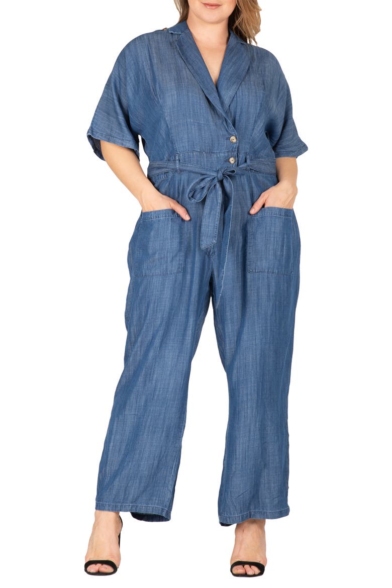 Tie Waist Denim Jumpsuit, Alternate, color, INDIGO