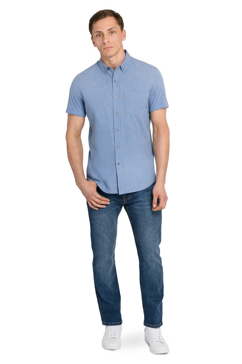 Reworked Slim Fit Solid Short Sleeve Cotton Button-Down Shirt, Alternate, color, BLUE