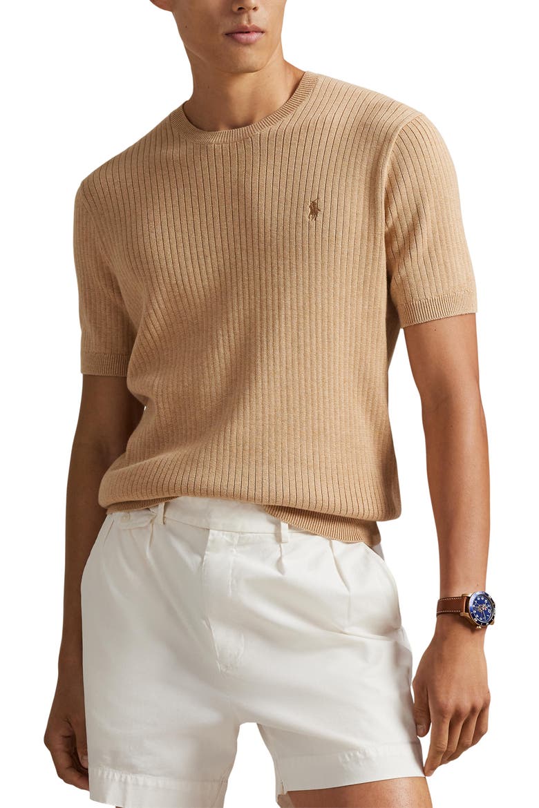 Ribbed Cotton Short Sleeve Sweater, Main, color, CAMEL MELANGE