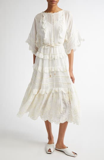 【Zimmermann】ACACIA EMBROIDERED MIDI DRESS フリル ミディ Acacia Embroidered Midi Dress Ivory Online | Zimmermann
