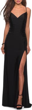 La Femme Long Homecoming Dress with Slit and Criss Cross Back