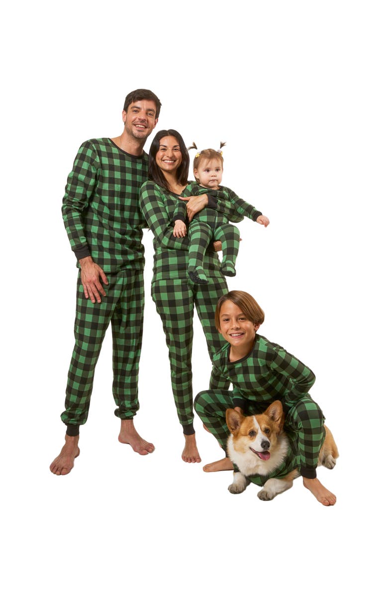 Leveret Kids Footed Plaid Cotton Matching Family Holiday Pajamas, Alternate, color, Plaid Black & Green