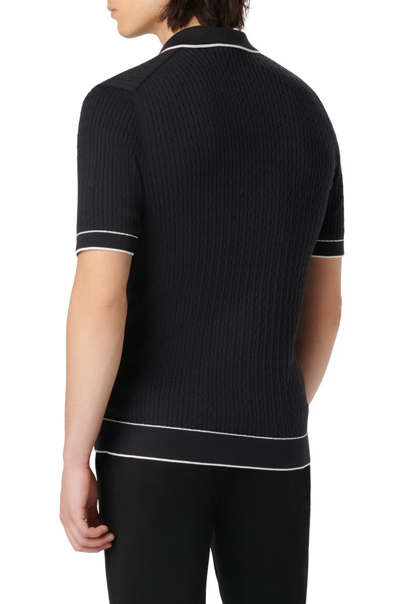 Bugatchi Tipped Rib Cable Stitch Polo Sweater, Alternate, color, Black
