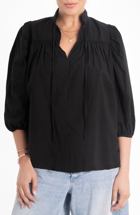 Cotton Tie Neck 3/4 Sleeve Top