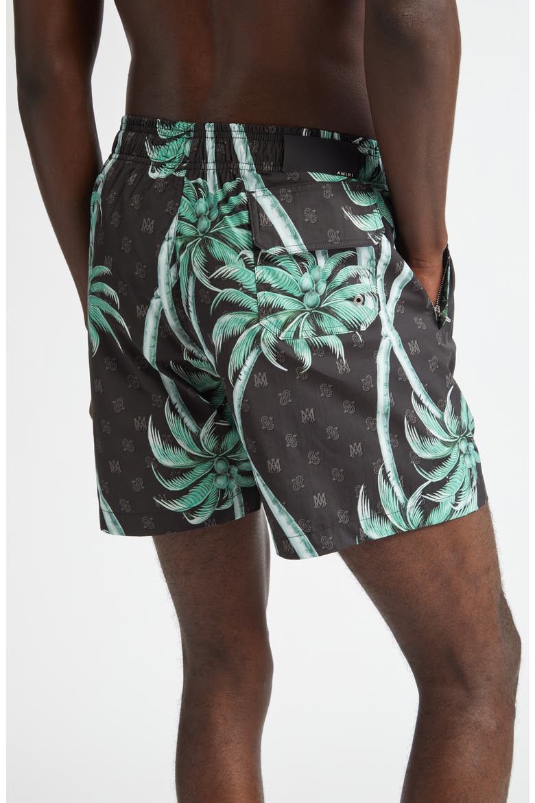 Twisted Palms Print Swim Trunks, Alternate, color, BLACK