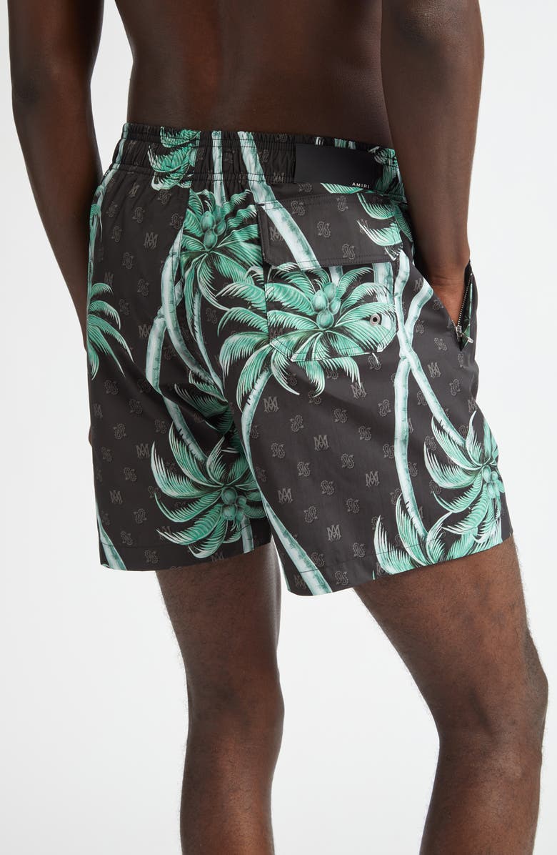AMIRI Twisted Palms Print Swim Trunks, Alternate, color, Black