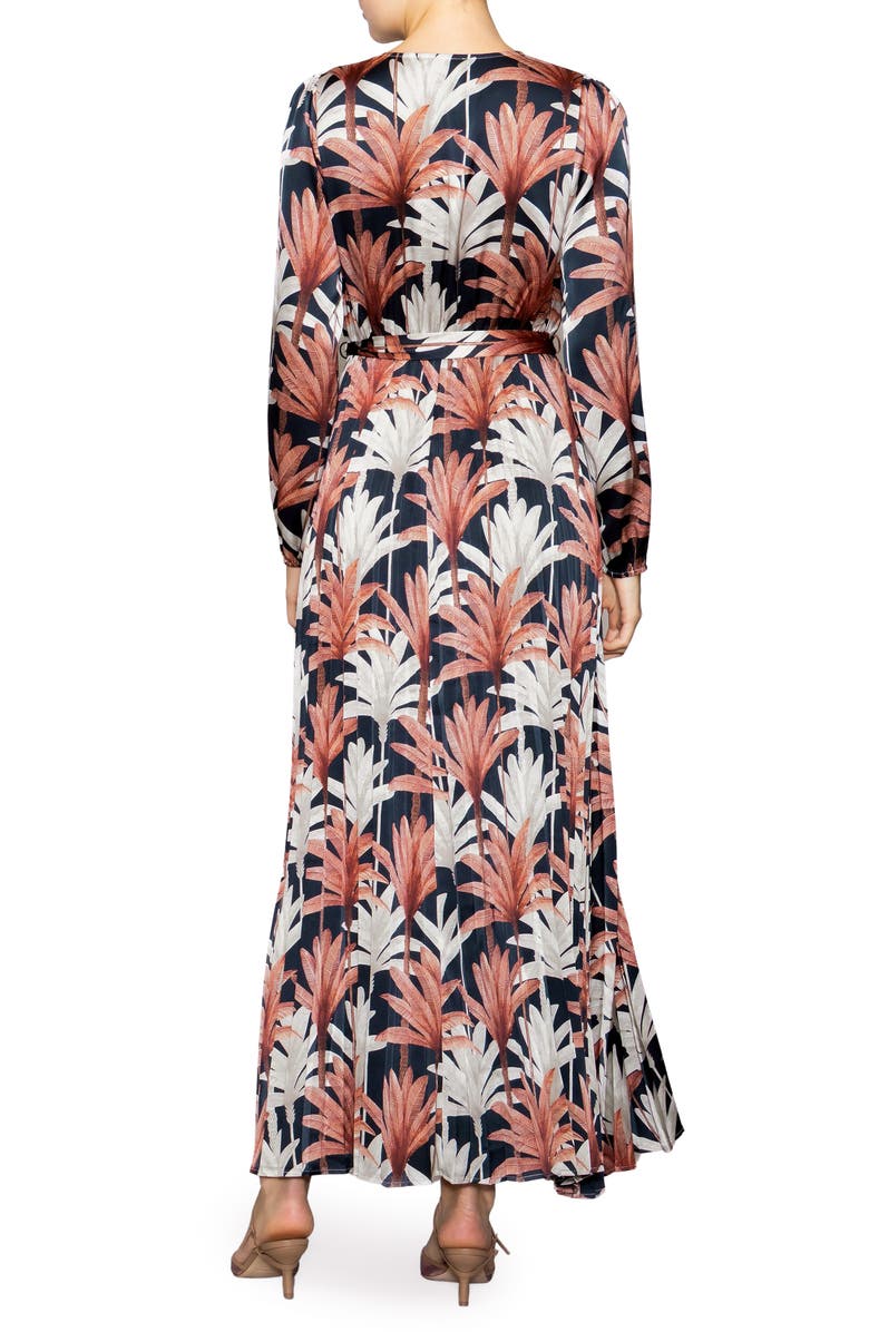 MELLODAY Botanical Tie Waist Pleated Maxi Dress, Alternate, color, Navy Multi Leaf