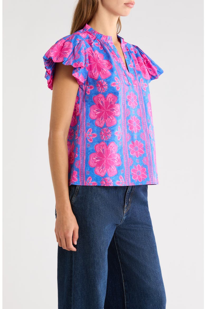 Bethel Floral Keni Cotton Split Neck Top, Alternate, color, BLUE-FUCHSIA