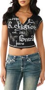 True Religion Crystal Embellished Buddha Crop Graphic T-Shirt