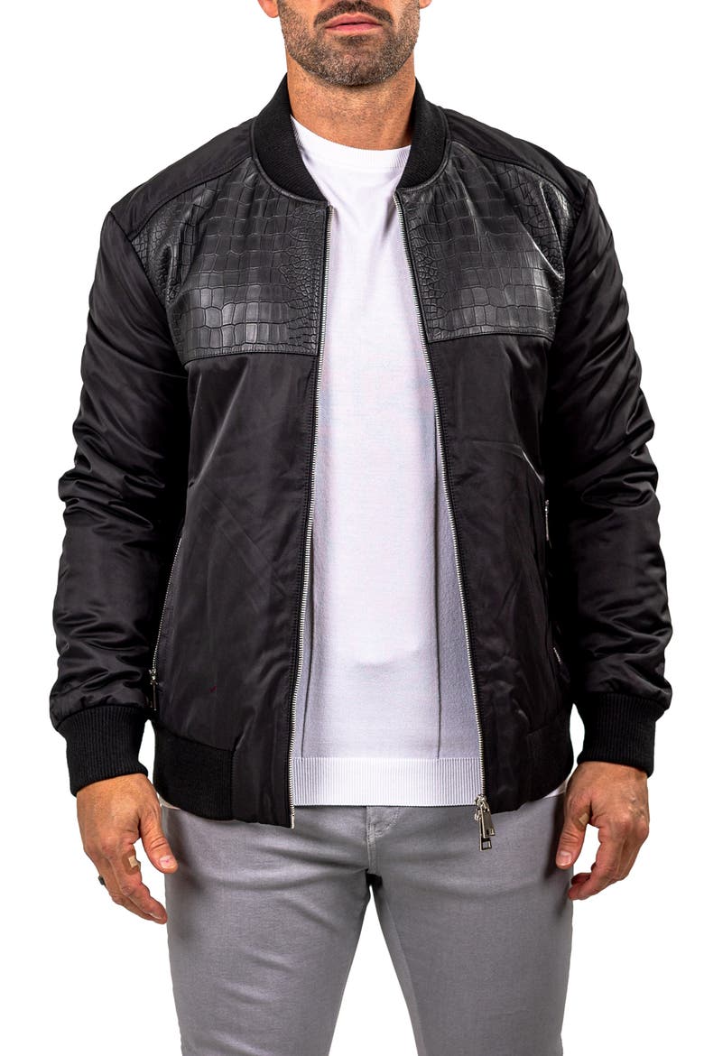 Croc Embossed Leather Bomber Jacket, Main, color, BLACK