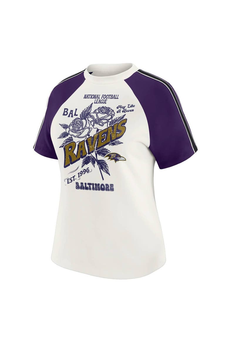 Women's WEAR by Erin Andrews White Baltimore Ravens Sleeve Stripe Distressed Raglan T-Shirt, Alternate, color, White