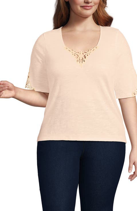 Elbow Sleeve Slub Lace Trim T-Shirt