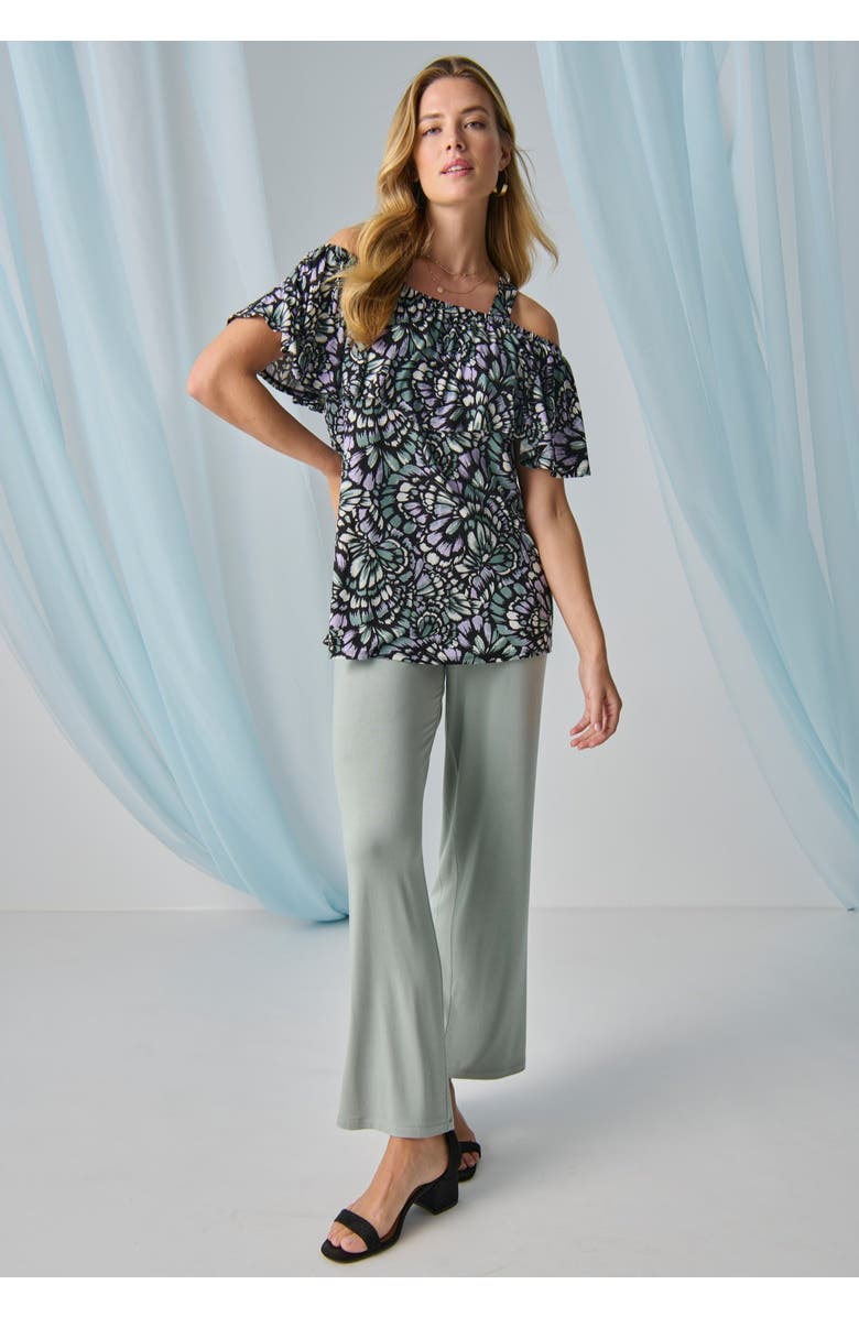 Jessica London Stretch Knit Cold Shoulder Ruffle Tunic, Alternate, color, Grey Spruce Feather