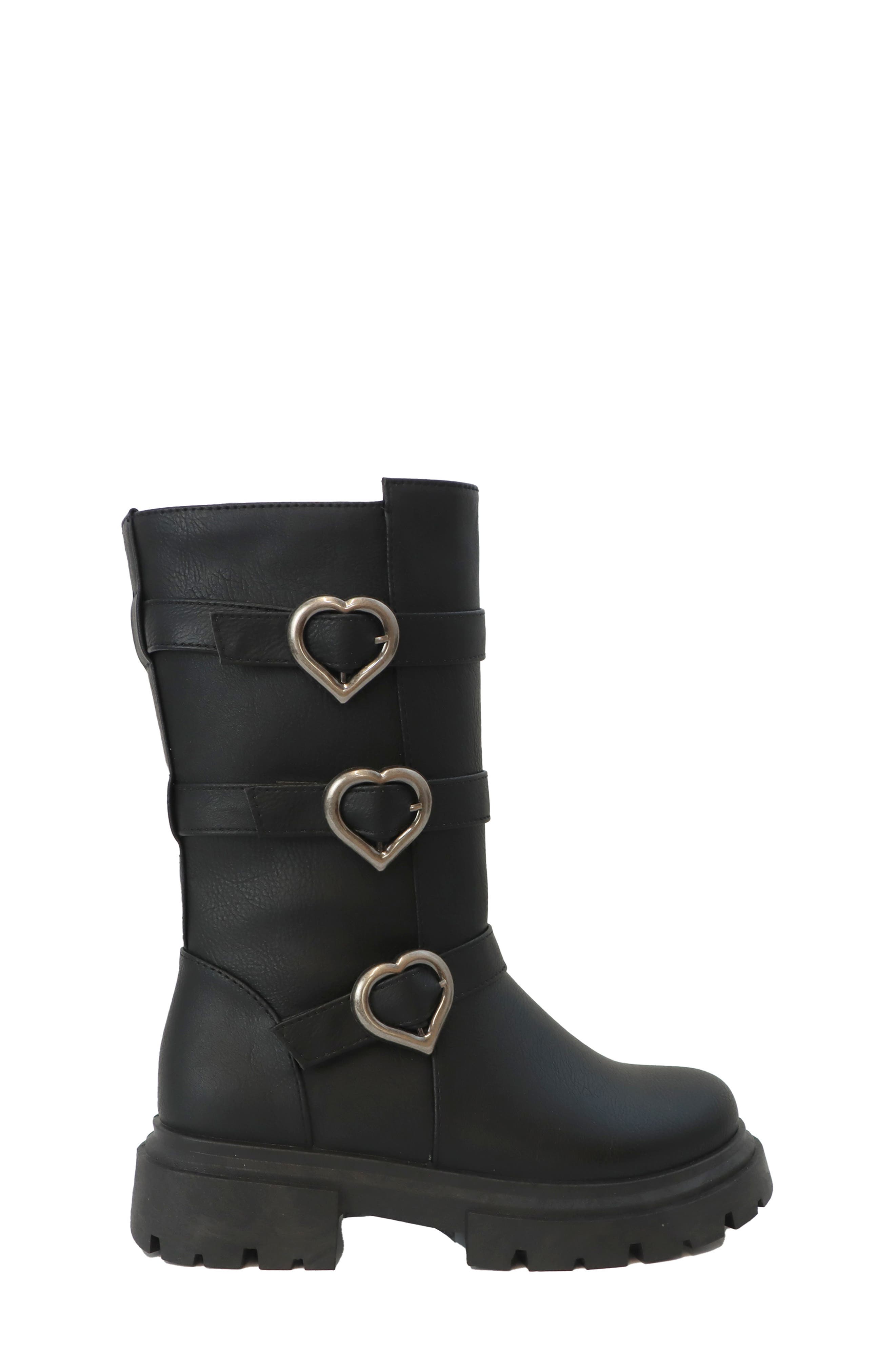 Kids' Heart Buckle Faux Leather Boot, Alternate, color, BLACK