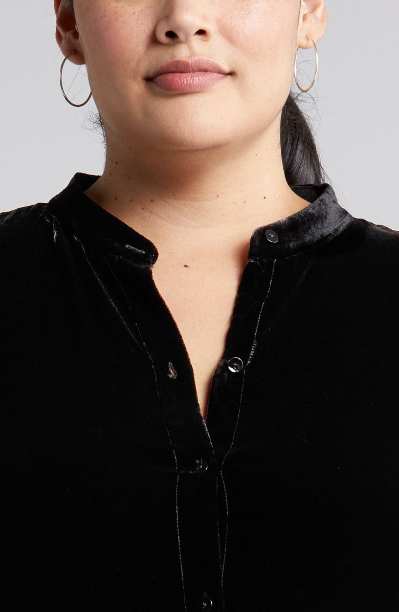 Eileen Fisher Band Collar Velvet Longline Button-Up Shirt, Alternate, color, 