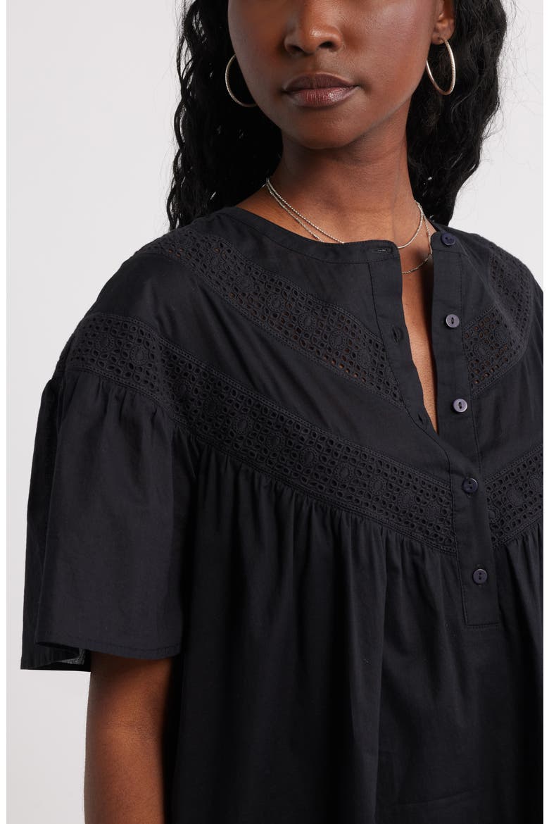 Lace Yoke Cotton Shift Dress, Alternate, color, BLACK