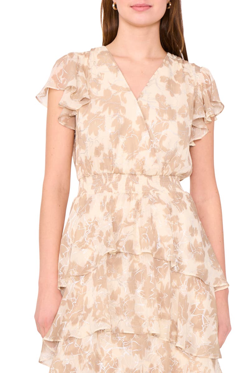 Halogen<sup>®</sup> Floral Flutter Sleeve Tiered Maxi Dress, Alternate, color, Oxford Tan