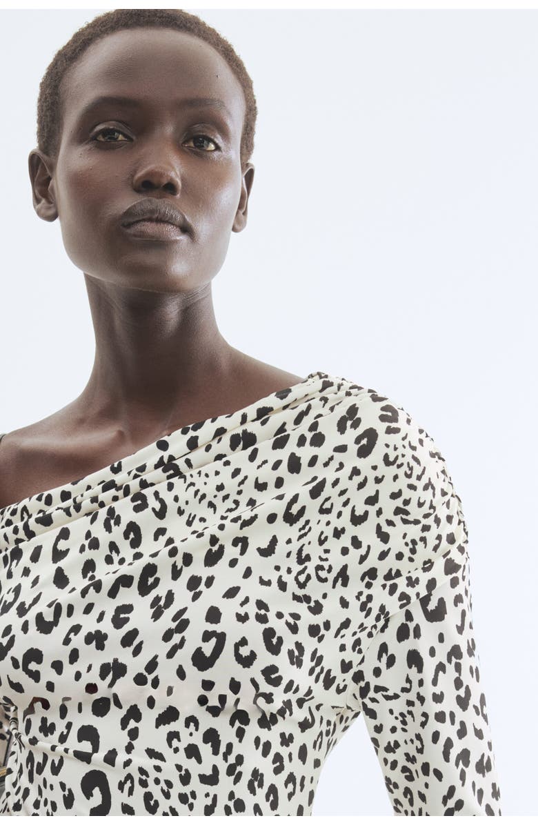 H&M Draped One-shoulder Top, Main, color, White/Leopard Print