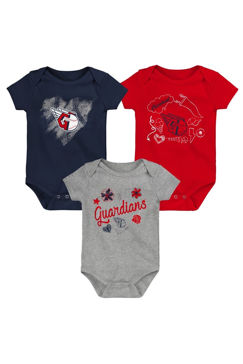 Girls Newborn & Infant Navy/Red/Heathered Gray Cleveland Guardians 3-Pack Batter Up Bodysuit Set, Main, color, Navy