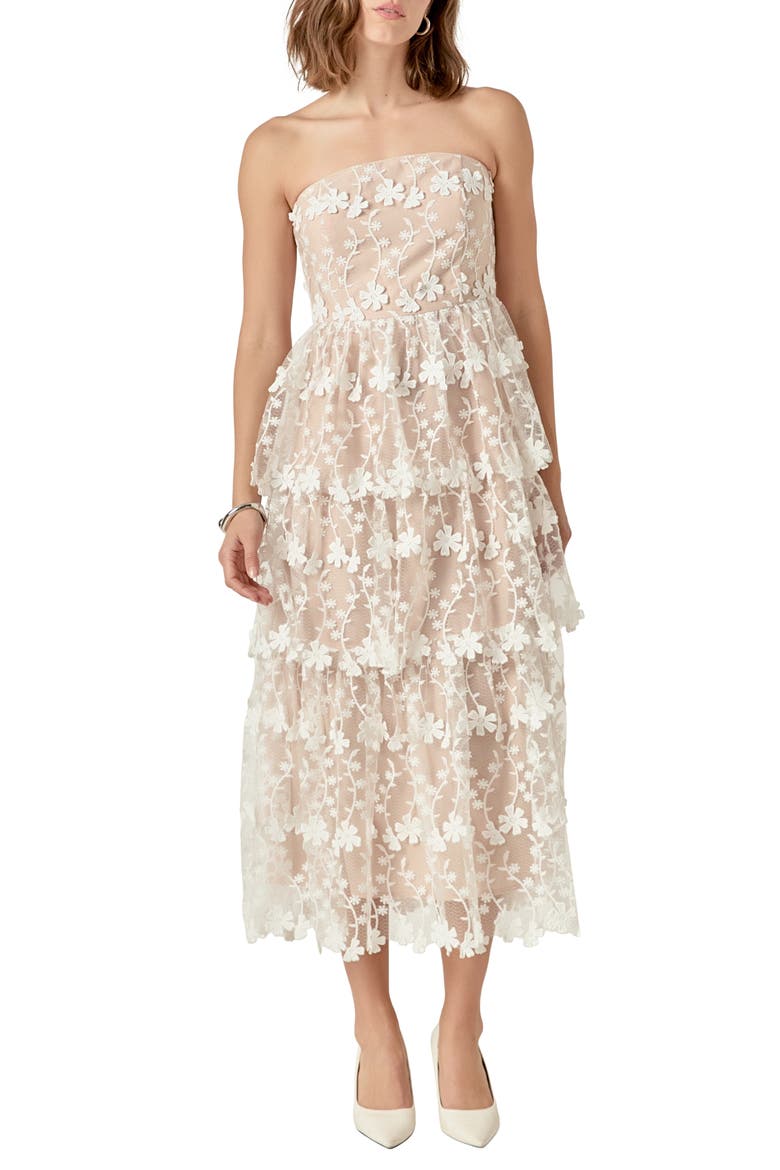 Floral Appliqué Strapless Dress, Main, color, WHITE