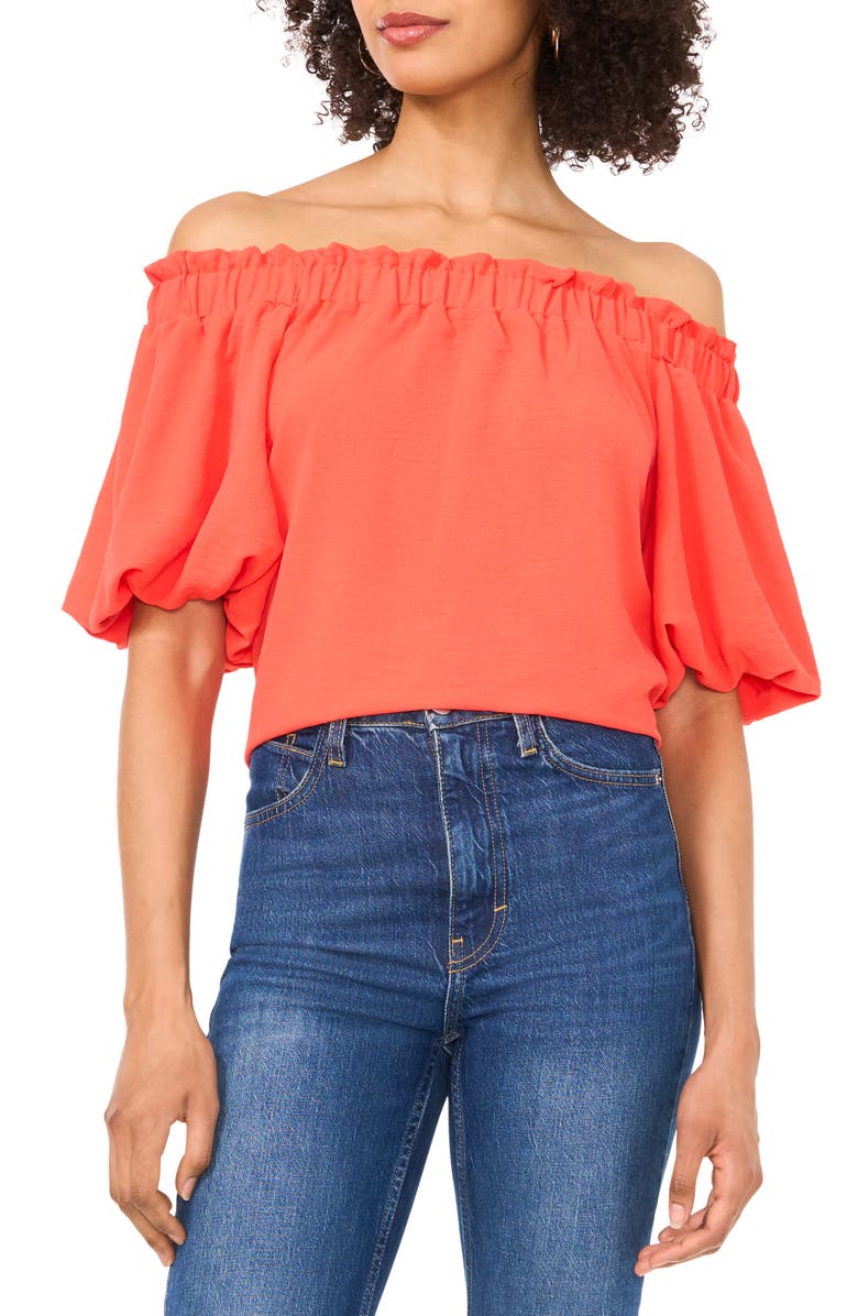 Vince Camuto Print Off the Shoulder Puff Sleeve Top, Main, color, Cayenne